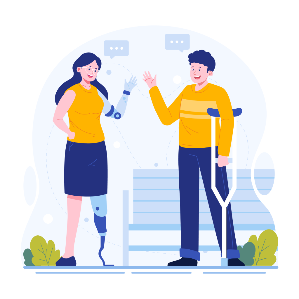Disabled man and woman talking to each other
