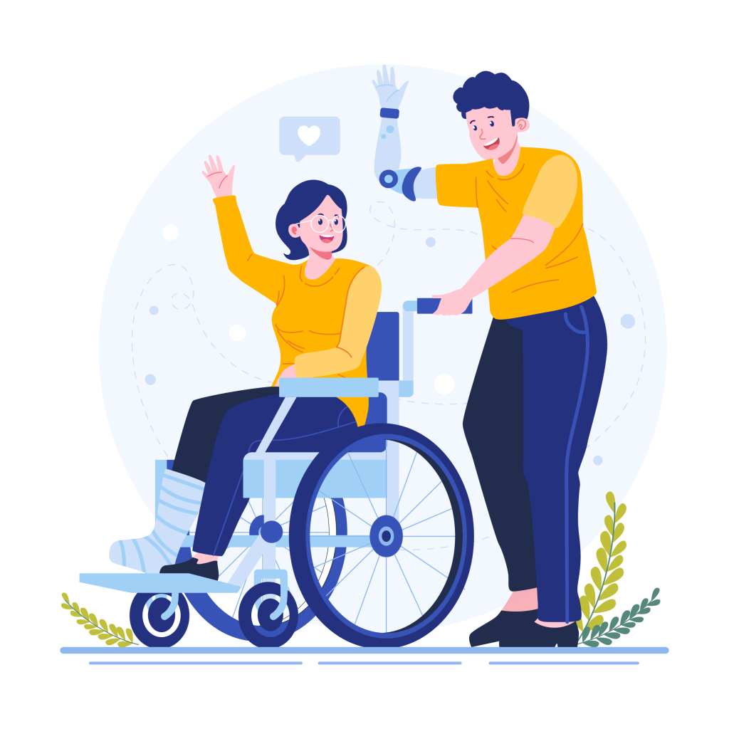 Disabled man helping woman push wheelchair