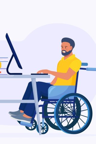 Disabled Man in Wheelchair  Working at Computer in Home Office. Handicapped Person at Workplace. Disabled People Employment and Social Adaptation